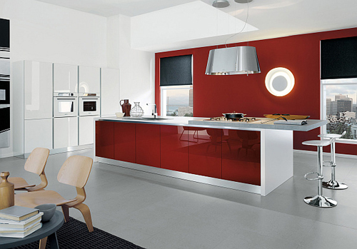 Contemporary-kitchen-in-white-and-glossy-amaranth-red