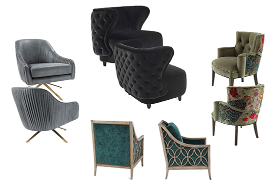 Heritage Collection Annabelle Armchair from Luxury Living, Haute House Peacock Chair and Massoud Tahoe Accent Chair from Neiman Marcus, Roar + Rabbit Leather Swivel Chair from West Elm