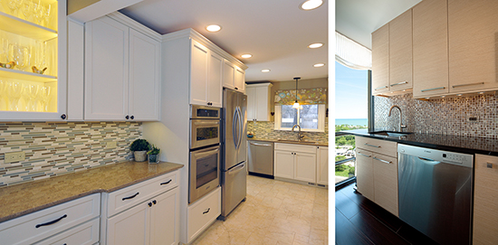Left: Northbrook White Kitchen; Right: Lincoln Park Condo Kitchen both by Catherine Schager Designs