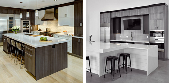Left: Dura Supreme Laminate Skyline Walnut by Kitchen Design Partners (photo by Dennis Jourdan); Dura Supreme Bria Sterling Ash textured laminate from 1st Choice Cabinetry (photo by Greg Scott Photography)